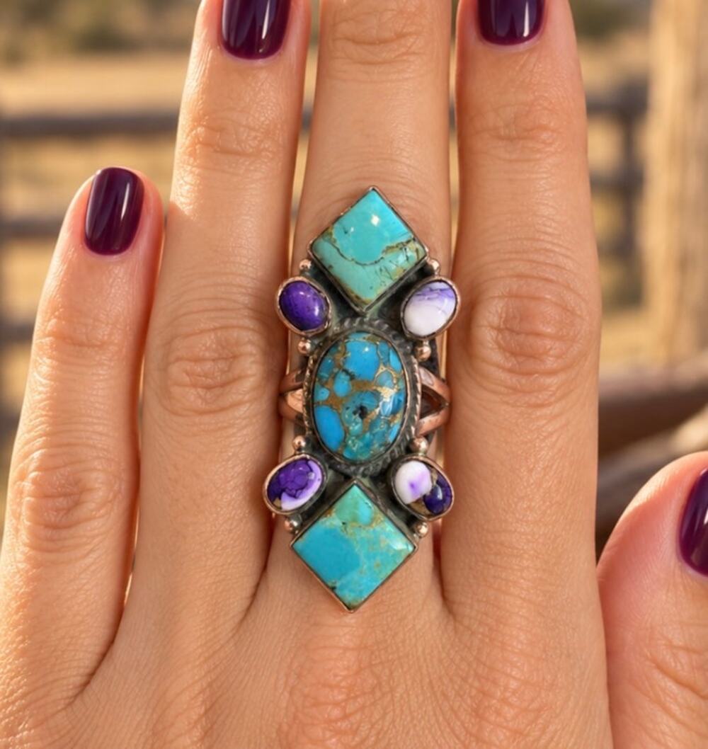 Kingman Turquoise & Purple Spiny Oyster Copper Crawler Ring – Adjustable 7–10